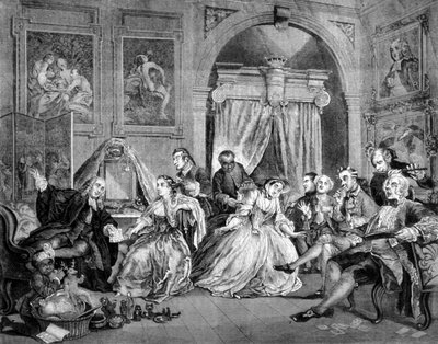 Modada Evlilik (Modada Evlilik): Zengin insanların düğününde 6 satirik pano serisi. Onu kaldır. William Hogarth (1697 - 1764) tarafından yapılan gravür. 1745. by William Hogarth