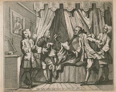Artık beyaz bir renk olan, beyazın karşıtıdır; Dört adam yatak odasında siyah bir kadınla yüzleşiyor by William Hogarth