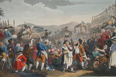 Boşta 'Tyburn'de Yürütülen Prentice, 'Endüstri ve Aylaklık' levhası XI, 'Hogarth Restore Edildi: Ünlü William Hogarth'ın Bütün Eserleri, Thomas Cook tarafından yeniden oyulmuş', pub. 1812 (el boyaması gravür) by William Hogarth