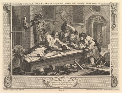 Aylak Çırak Kilise Bahçesinde Oynarken: Sanayi ve Aylaklık, levha 3, 30 Eylül 1747. by William Hogarth