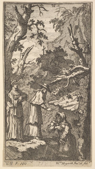 Yeni Metamorfoz, Levha 7: Kardinal, Bir Münzevi ve Donna Angela Holding Fantasio, 1724. by William Hogarth