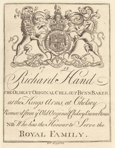 Ticaret Sayfası: Richard Hand, King's Arms Chelsey'deki En Eski Orijinal Chelsey Bunn Baker by William Hogarth