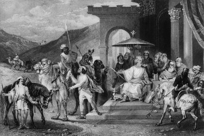 Kral Ahasuerus adına yazdı ve at sırtında postalarla mektuplar gönderdi, by William Holl