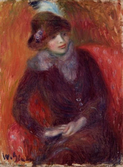 Kürk Boyunluk ve Kırmızı Arka Plan Oturan Kadın by William James Glackens
