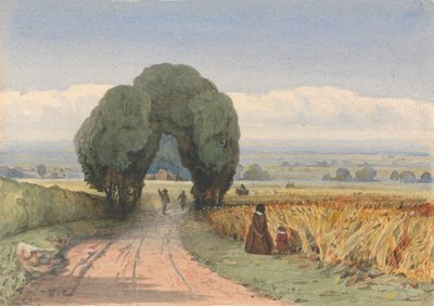Gloucestershire - Moreton-in-Marsh'ta olgun mısır tarlalarının sınırındaki bir yolda bir kadın ve çocuk by William John Chamberlayne
