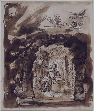 Alexander Pope mağarasında (kağıt üzerinde yıkama ile kalem ve mürekkep) by William Kent