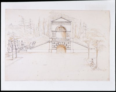 Chiswick, kanalın sonunda bir yol köprüsü ile birleştirilmiş alınlıklı bir şelale için tasarım (kalem ve mürekkep ve kağıt üzerinde yıkama) by William Kent