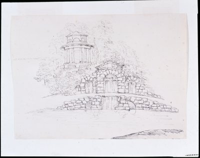 Chiswick, arkadaki terasta sekizgen bir Dorik tapınağı olan bir rockword şelalesi için tasarım (kağıt üzerinde kurşun kalem üzerine kalem ve mürekkep) by William Kent