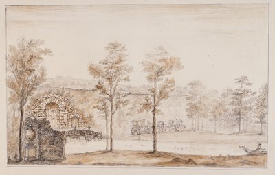 Chiswick, rustik bir şelale için tasarım ve terasa yerleştirilmiş köprü (kalem ve mürekkep ve kağıt üzerinde kurşun kalemle yıkayın) by William Kent