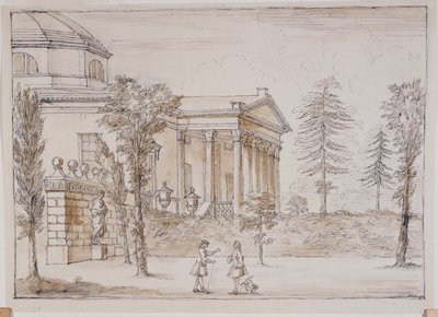 Chiswick, villanın Palladio heykeli tarafından görünümü (kalem ve mürekkep ve kurşun kalem üzerinde kağıt üzerinde yıkama) by William Kent