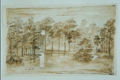 Ay ışığında görülen ormanlık su bahçesi için tasarım (kalem ve mürekkep ve kağıt üzerinde kurşun kalemle yıkayın) by William Kent