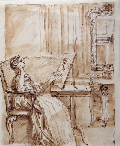 Lady Burlington, Bahçe Odasında oturan Yaşlı Ustanın (?) çizimine (kağıt üzerinde kalem ve mürekkep) hayranlıkla bakarken by William Kent