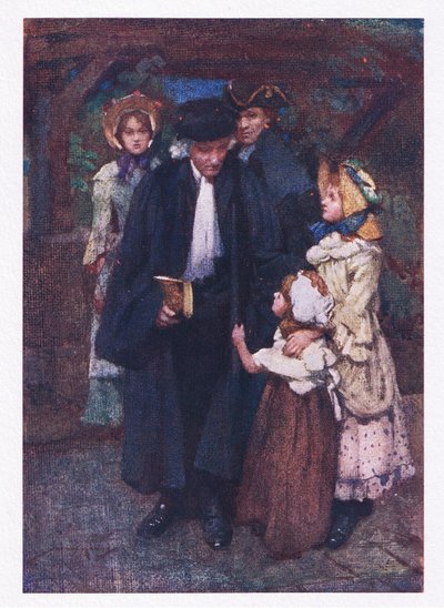 E'en çocuklar sevecen bir kurnazlıkla peşinden gittiler ve iyi adamın gülümsemesini paylaşmak için elbisesini aldılar (renkli litho) by William Lee Hankey