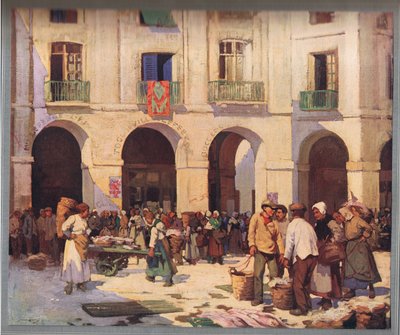 Dieppe'deki balık pazarı, 1925 dolaylarında yayınlanan 'Allies in Art'tan (renkli litho) by William Lee Hankey