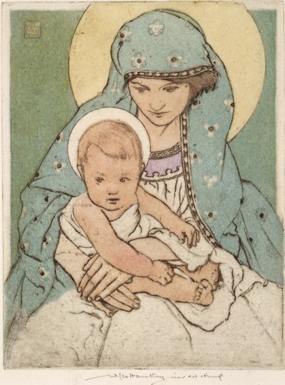 Bebek İsa ile Meryem Ana (elle boyanmış kuru nokta) by William Lee Hankey