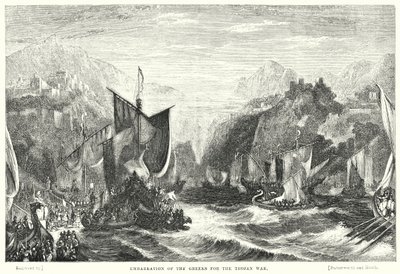 Yunanlıların Torjan Savaşı için gemiye binişi (gravür) by William Linton