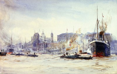 Irongate Rıhtımı boyunca, Thames Nehri üzerinde (İngiltere), uzakta Tower Bridge ile birlikte etkinlik sahnesi by William Lionel Wyllie