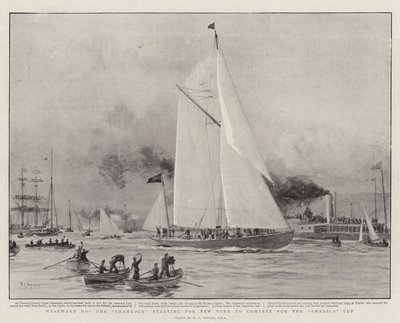 Westward Ho, Shamrock New York için Amerika Kupası için yarışmaya başlıyor by William Lionel Wyllie