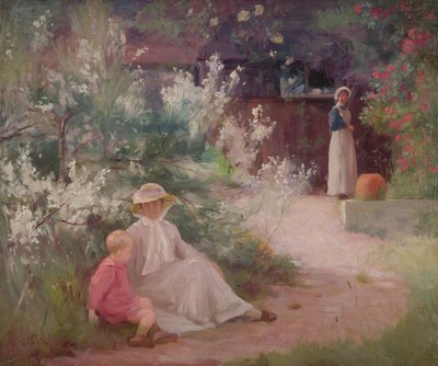 Küçük oğlu ve hizmetçisi ile bahçede bayan by William Mainwaring Palin