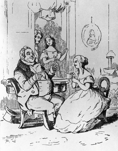 Bay Joseph Sedley, Becky Sharp tarafından dolaşık, Vanity Fair'in 1. bölümü için illüstrasyon, William Makepeace Thackeray'ın (1811-1863) romanı, William Makepeace Thackeray'ın (1811-1863) çizim üstüne gravürü, 1882'de Chicago'da yayınl by William Makepeace Thackeray