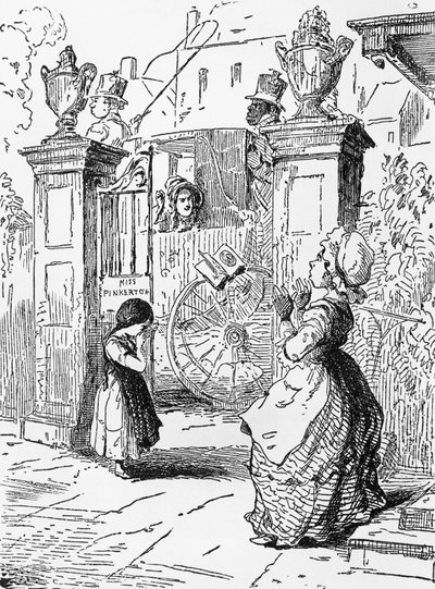Rebecca's Farewell, Chapter I, Vanity Fair için illüstrasyon, William Makepeace Thackeray (1811-1863) tarafından yazılan roman, William Makepeace Thackeray (1811-1863) tarafından çizim üzerine gravür, 1882'de yayınlandı, Chicago by William Makepeace Thackeray