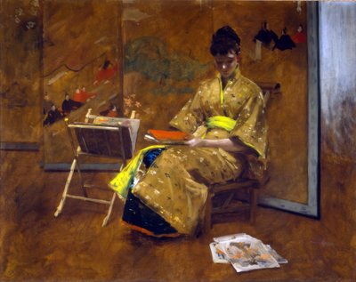 Japon Elbiseli Bir Kız. Kimono ca. 1887. by William Merritt Chase