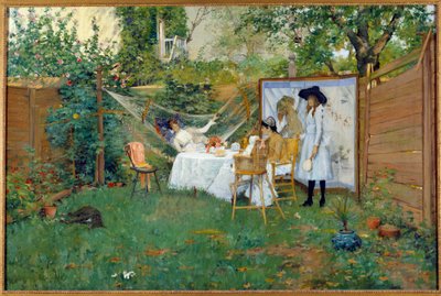 Açık havada kahvaltı 1888 civarında Bir bahçede genç kadın, onlardan biri hamakta. William Merritt Chase (1849-1916) 1888 Toledo