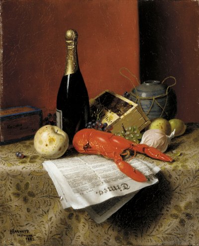 Istakoz, Meyve, Şampanya ve Gazete ile Natürmort, 1882 by William Michael Harnett
