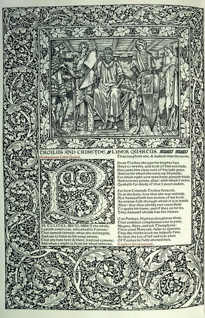 "Troilus ve Criseyde"den bir sahne, ilk "B"nin tarihçesi, tam sayfa kenarlıklı el yazması, 1896 by William Morris
