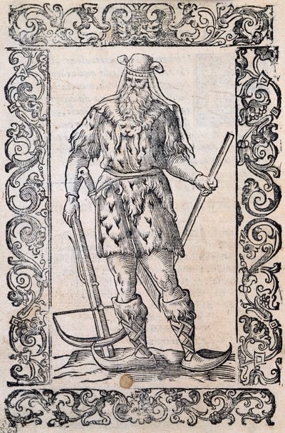 Kürk elbise, arbalet ve bükülmüş uçlu ayakkabılar (ilkel kayaklar örneği), illüstrasyon Cesare Vecellio