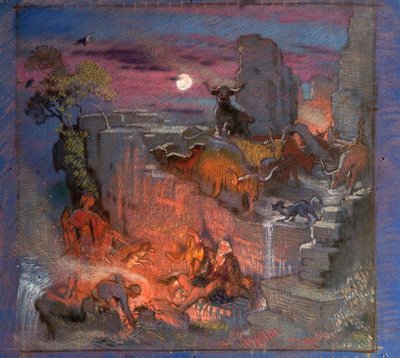 Highland Raiders için Çalışma, c.1918 (kağıt üzerinde yağlı boya) by William Shackleton