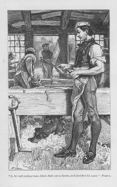 Köyün marangozu Adam Bede, atölyede, köpeği Gyp, bankın altında bir talaş yığını üzerinde. Adam Bede, George Eliot tarafından, ilk kez 1859