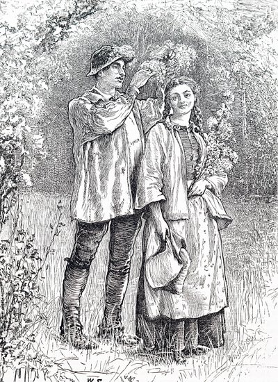 Mayıs Kraliçesinin sevgilisi tarafından alıç çelengi ile taçlandırılması. İngiliz illüstratör William Small (1843-1929) tarafından by William Small