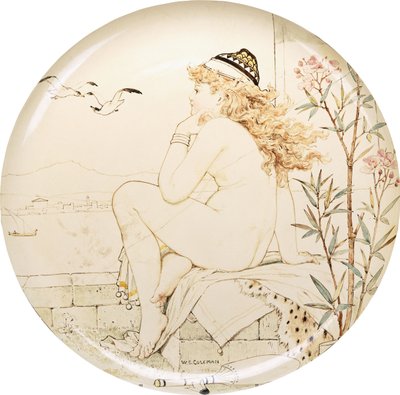 Bir Minton Art Pottery Studio şarj cihazı, denize bakan bir çıplak ile boyanmış, 19. yüzyıl by William Stephen Coleman