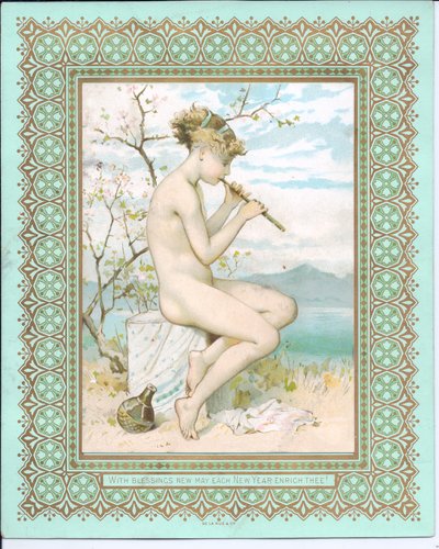 Plajda yüzen bir güzelin flüt çaldığı Victoria Yeni Yıl kartı, 1881 dolayları by William Stephen Coleman