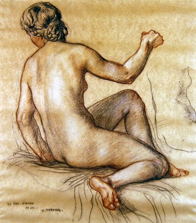 Arkadan oturan çıplak bir kadın çalışması, 1890 dolayları (kağıt üzerinde kömür, kırmızı ve beyaz tebeşir) by William Strang