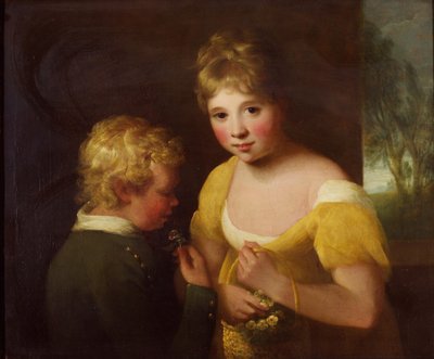 Bir sepet çiçekle iki çocuk (tuval üzerine yağlı boya) by William Tate