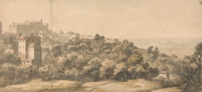 Bir İtalyan Manzarası: solda bir tepede köy, sağa doğru eğimli yamaç, ötesinde uzak bir vadi by William Taverner
