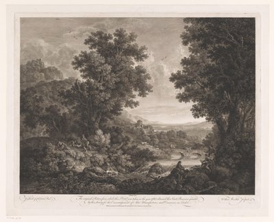 Bir ateşin etrafında figürler ve nehir kıyısında bir ressam ve shawm oyuncusu olan manzara İlk Premium Manzara by William Woollett