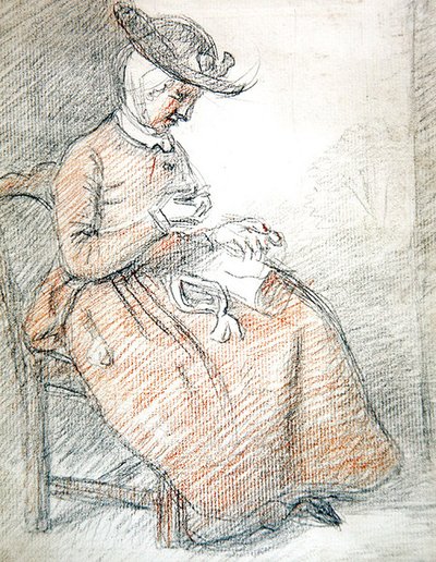 Kadın oturmuş dikiş (kağıt üzerinde kırmızı ve siyah tebeşir) by William of Bath Hoare