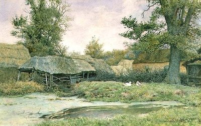 Ördek gölet ve ördekler ile çiftlik avlusu by Wilmot R.W.S. Pilsbury