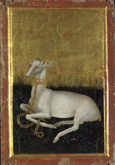 Boynunda bir taç ile zincirlenmiş beyaz bir erkek geyik Wilton Diptych