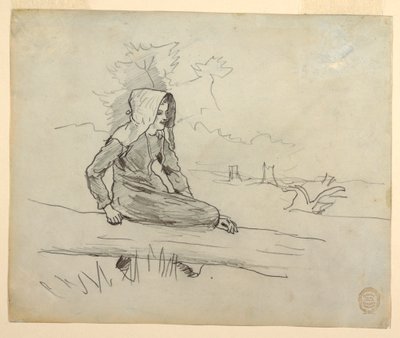Çizim, Ağaç Gövdesinde Oturan Kız, 1879 by Winslow Homer