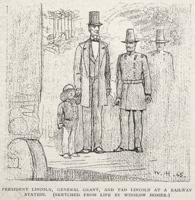 Başkan Lincoln, General Grant ve Tad Lincoln bir tren istasyonunda, 1887. by Winslow Homer