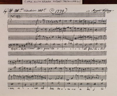 Accademia filarmonico unvanını elde etmek için Mozart tarafından Querite primum regnum Dei için nota sayfası, versiyon babası Martini tarafından düzeltildi (1770) by Wolfgang Amadeus Mozart