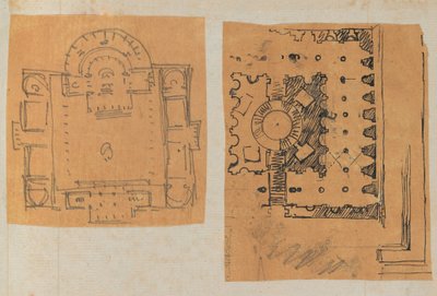 Mimariye İlişkin Çizimler ve Çeşitli Baskılar içeren bir Karalama Defterinden Sayfa, Int..., yakl. 1800-1850. Yaratıcılar: Charles Percier Atölyesi, Pierre François Léonard Fontaine Atölyesi. by Workshop of Charles Percier, Workshop of Pierre