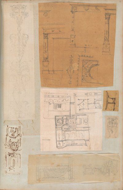 Mimariye İlişkin Çizimler ve Çeşitli Baskılar içeren bir Karalama Defterinden Sayfa, Int..., yakl. 1800-1850. Yaratıcılar: Charles Percier Atölyesi, Pierre François Léonard Fontaine Atölyesi. by Workshop of Charles Percier, Workshop of Pierre