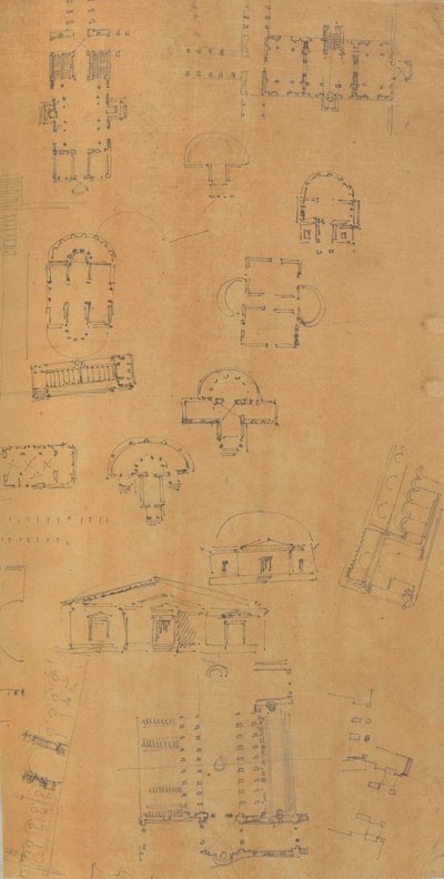 Mimariye İlişkin Çizimler ve Çeşitli Baskılar içeren bir Karalama Defterinden Sayfa, Int..., yakl. 1800-1850. Yaratıcılar: Charles Percier Atölyesi, Pierre François Léonard Fontaine Atölyesi. by Workshop of Charles Percier, Workshop of Pierre