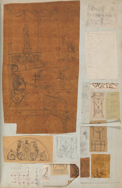Mimariye İlişkin Çizimler ve Çeşitli Baskılar içeren bir Karalama Defterinden Sayfa, Int..., yakl. 1800-1850. Yaratıcılar: Charles Percier Atölyesi, Pierre François Léonard Fontaine Atölyesi. by Workshop of Charles Percier, Workshop of Pierre