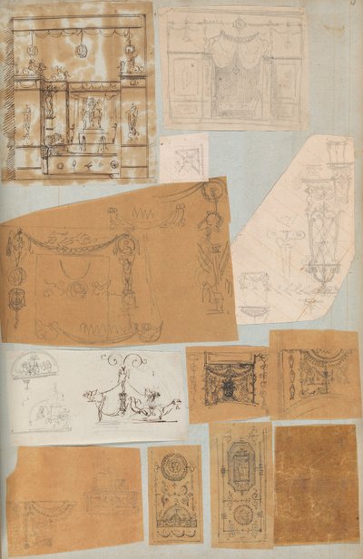 Mimariye İlişkin Çizimler ve Çeşitli Baskılar içeren bir Karalama Defterinden Sayfa, Int..., yakl. 1800-1850. Yaratıcılar: Charles Percier Atölyesi, Pierre François Léonard Fontaine Atölyesi. by Workshop of Charles Percier, Workshop of Pierre
